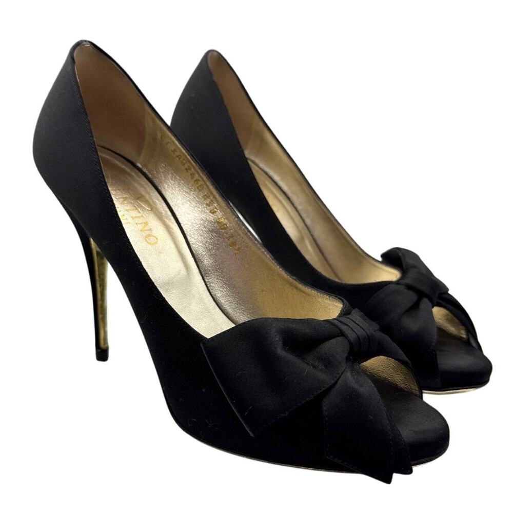 Valentino Garavani Black Satin Bows Peep-toe High Heels Size 38.5 Designer